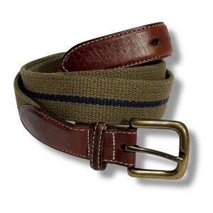 Vintage Orvis Webbed Belt Olive Green Canvas Leather Trim Brass Buckle USA 40
